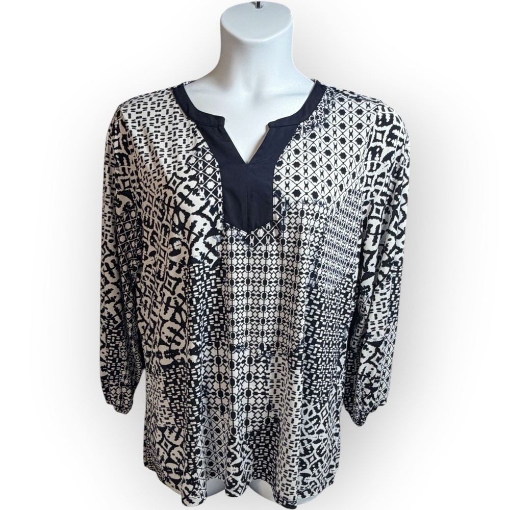 Susan Graver Liquid Knit Patchwork Tunic Top Navy White Geometric XL nautical